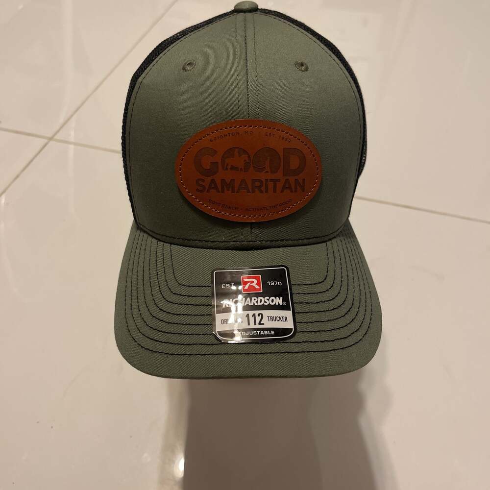 Good Samaritan Boys Ranch 112 Trucker Hat - Olive Green/Black with Leather Patch